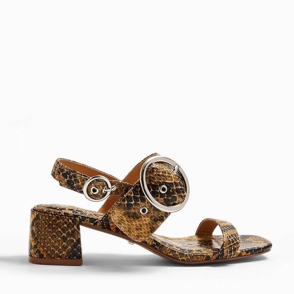 Topshop Sz 8.5 Tan NWT Snake Dakota Block 2” Heel Large Buckle Sandals - Picture 11 of 12